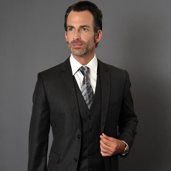 Mens 2 Button Slim Fit Vested Suit in Black Textured Fabric - Picture 1 of 2